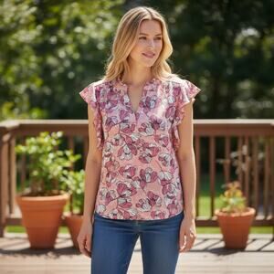 Liz Claiborne Pink Floral Flutter Sleeve Blouse Size Small 4-10